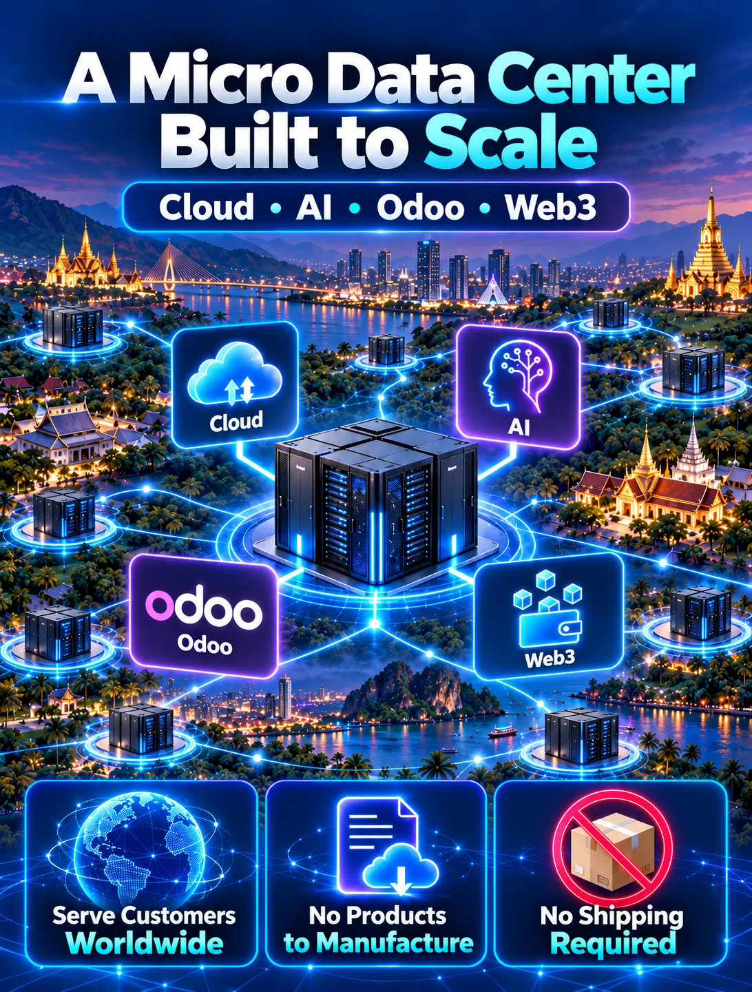 AiBox micro data center vision connecting Cloud, AI, Odoo and Web3 across global markets